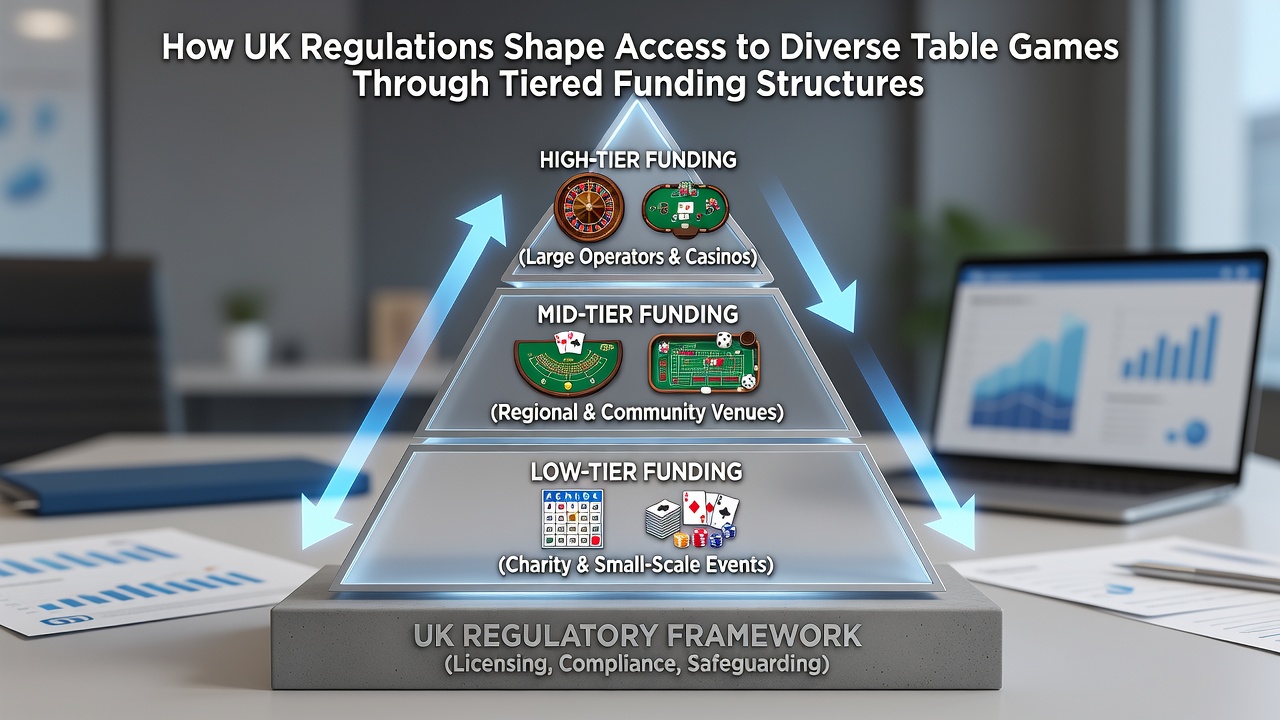 Diagram showing tiered funding levels and corresponding table game options in regulated UK casinos